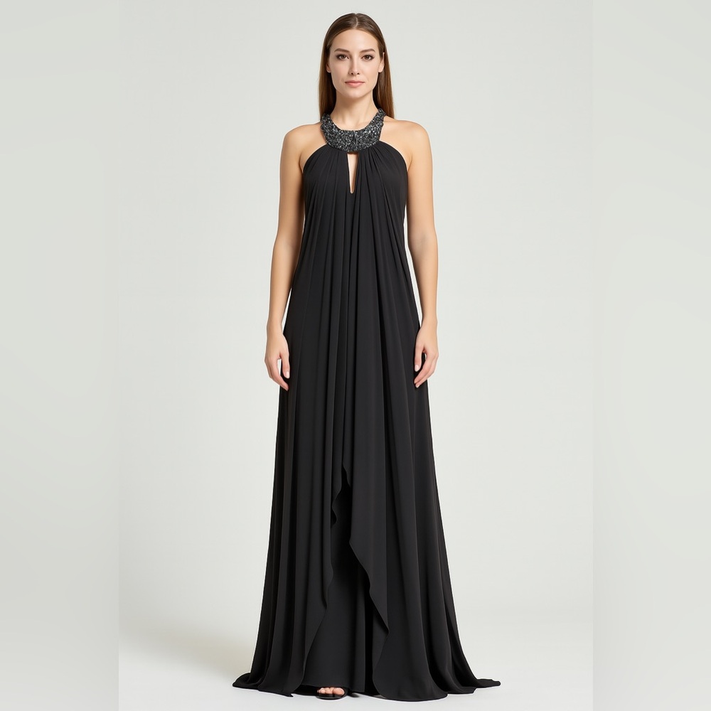 Marc Bouwer Glamit Black Silk Satin & Chiffon Gown‎ with Beaded Neckline Sz. 2